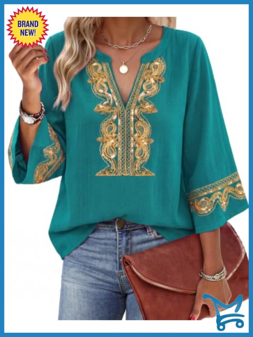 Womens 3/4 Bell Sleeve Embroidered Lace V Neck Tunic Top
